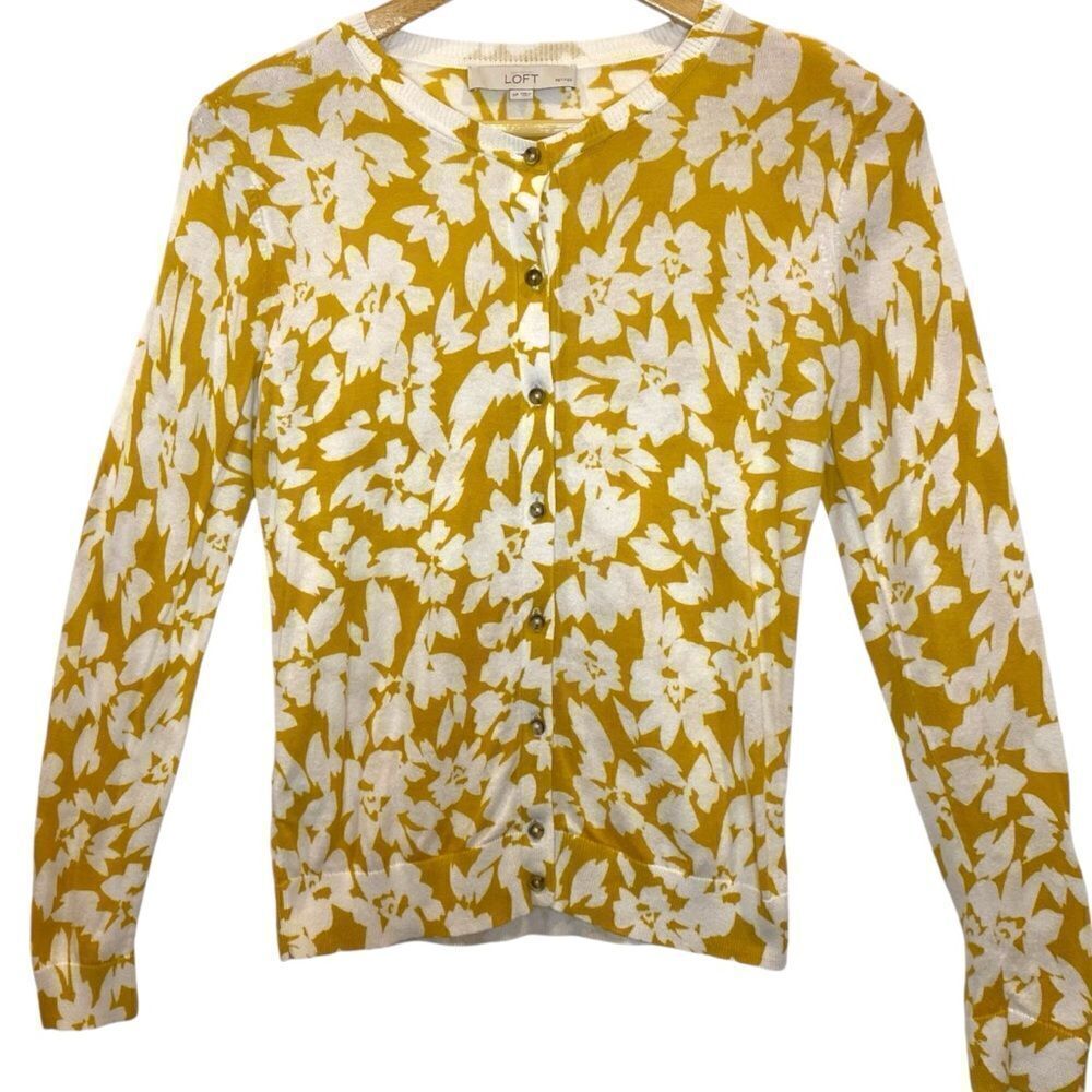 LOFT Floral Print Long Sleeve Button Down Cardigan - Mustard Yellow - Women’s SP